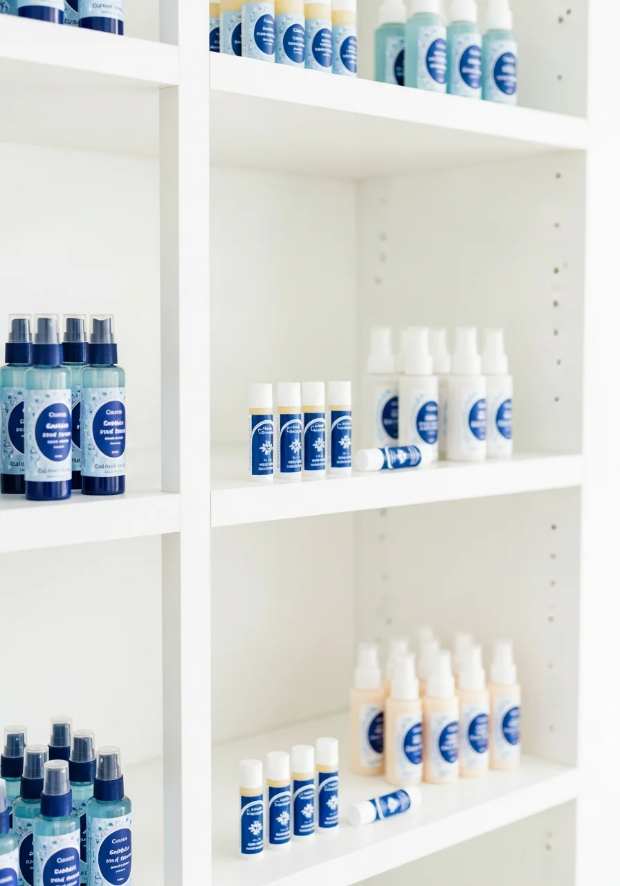 A shelf of mini skincare bottles and beauty products with custom Cousins Beach labels.