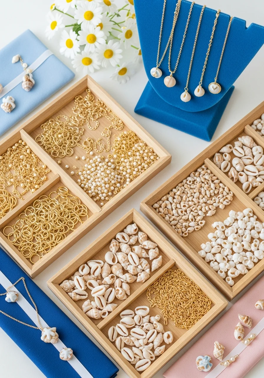 Trays of gold jewelry supplies, puka shells, and pearls for making necklaces.