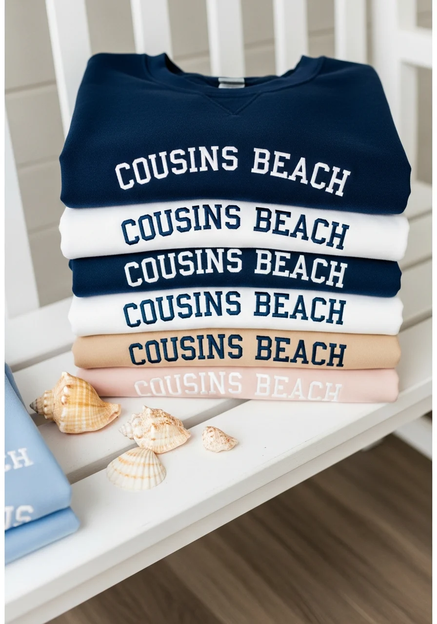 Stacked navy and white sweatshirts with Cousins Beach embroidery and seashells.