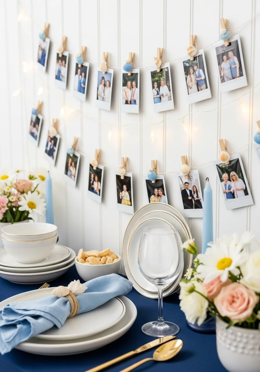 A wall of Polaroid photos clipped to fairy lights with small seashell clothespins.