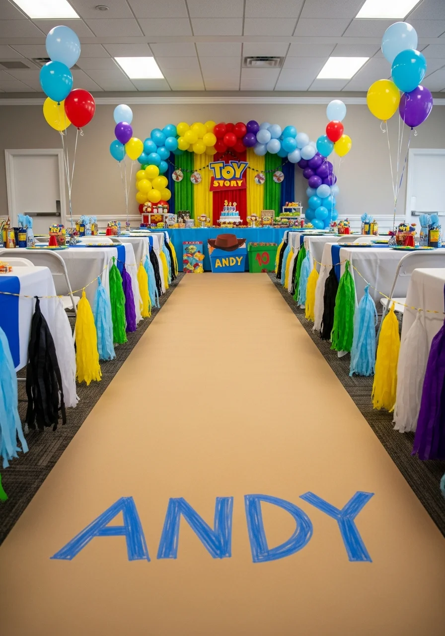 A brown paper floor runner with the name ANDY written in blue marker.