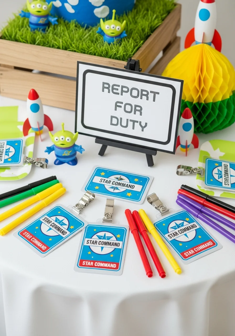 A craft station for making Star Command ID badges with markers and clips.