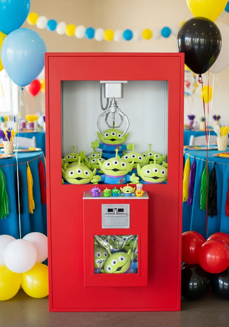 A DIY red cardboard claw machine filled with green alien toys.
