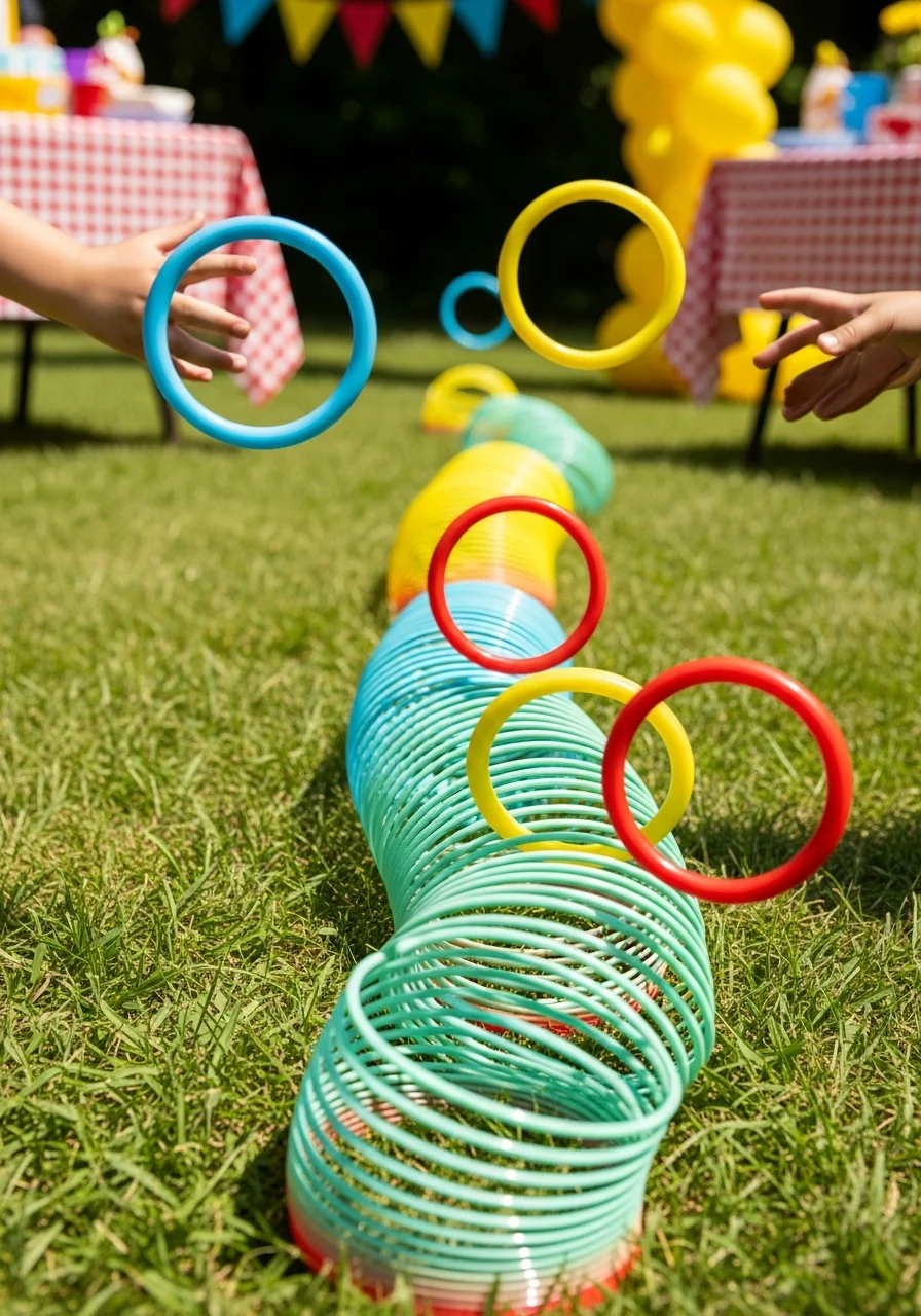 A Slinky toy on grass being used for a ring toss game.