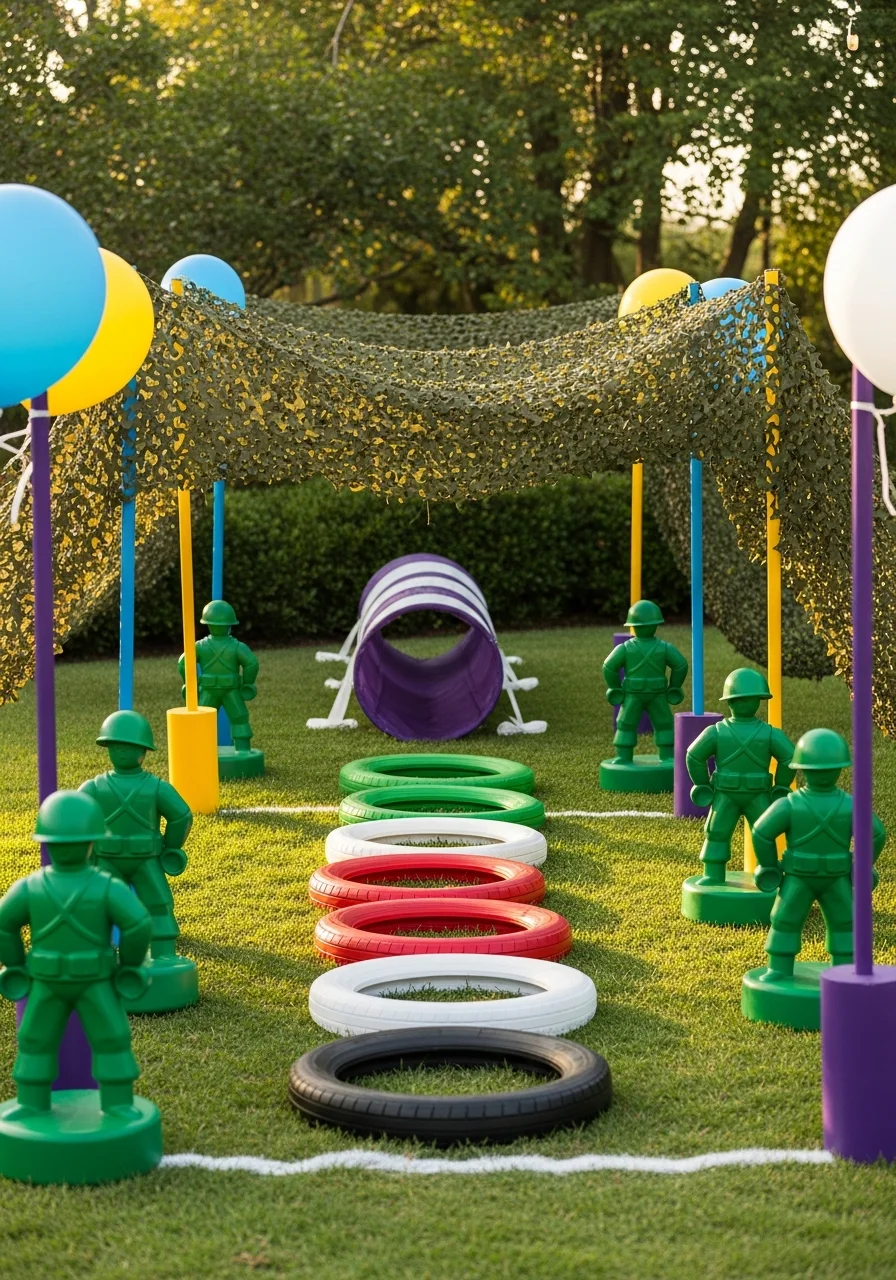A backyard obstacle course with camo netting and green army men figures.