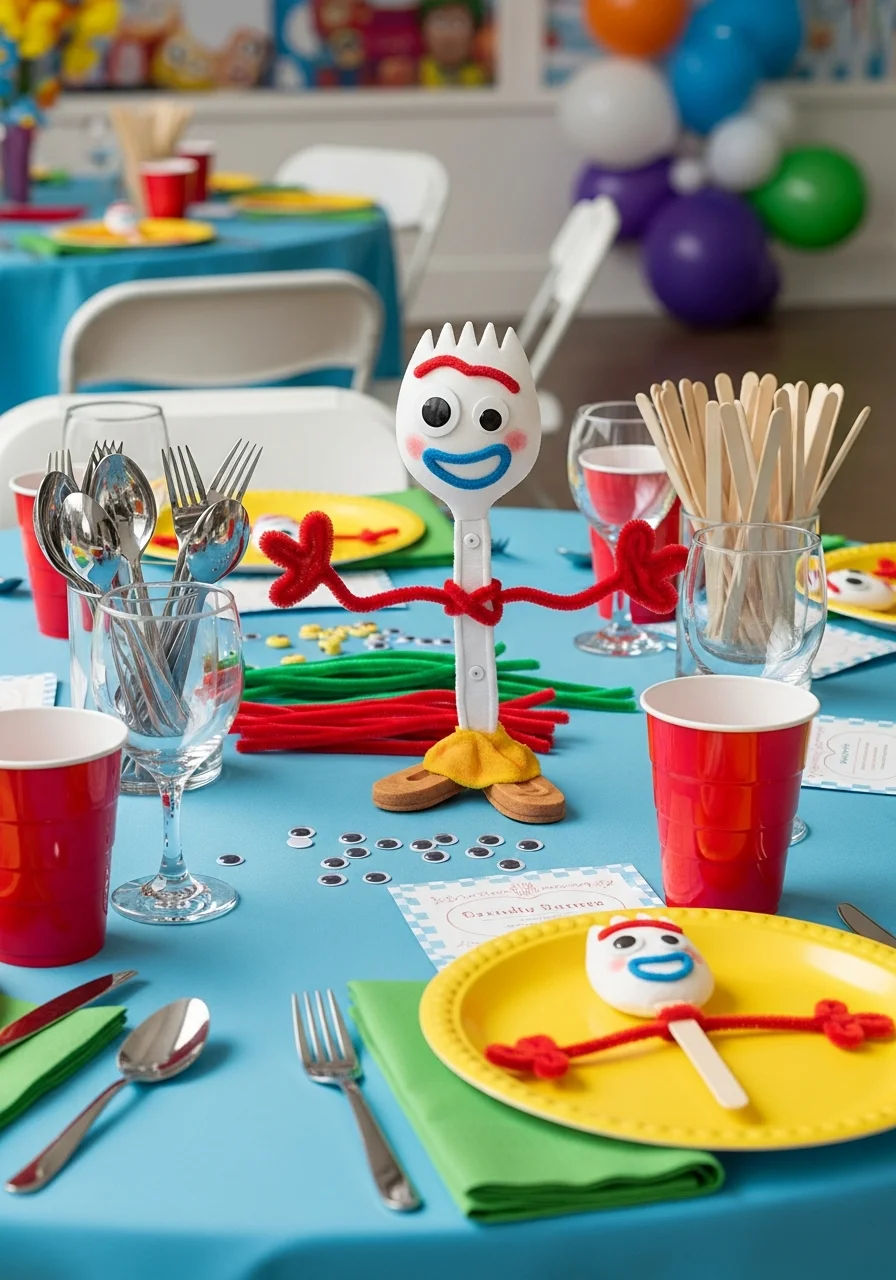 A table with craft supplies for making Forky characters.