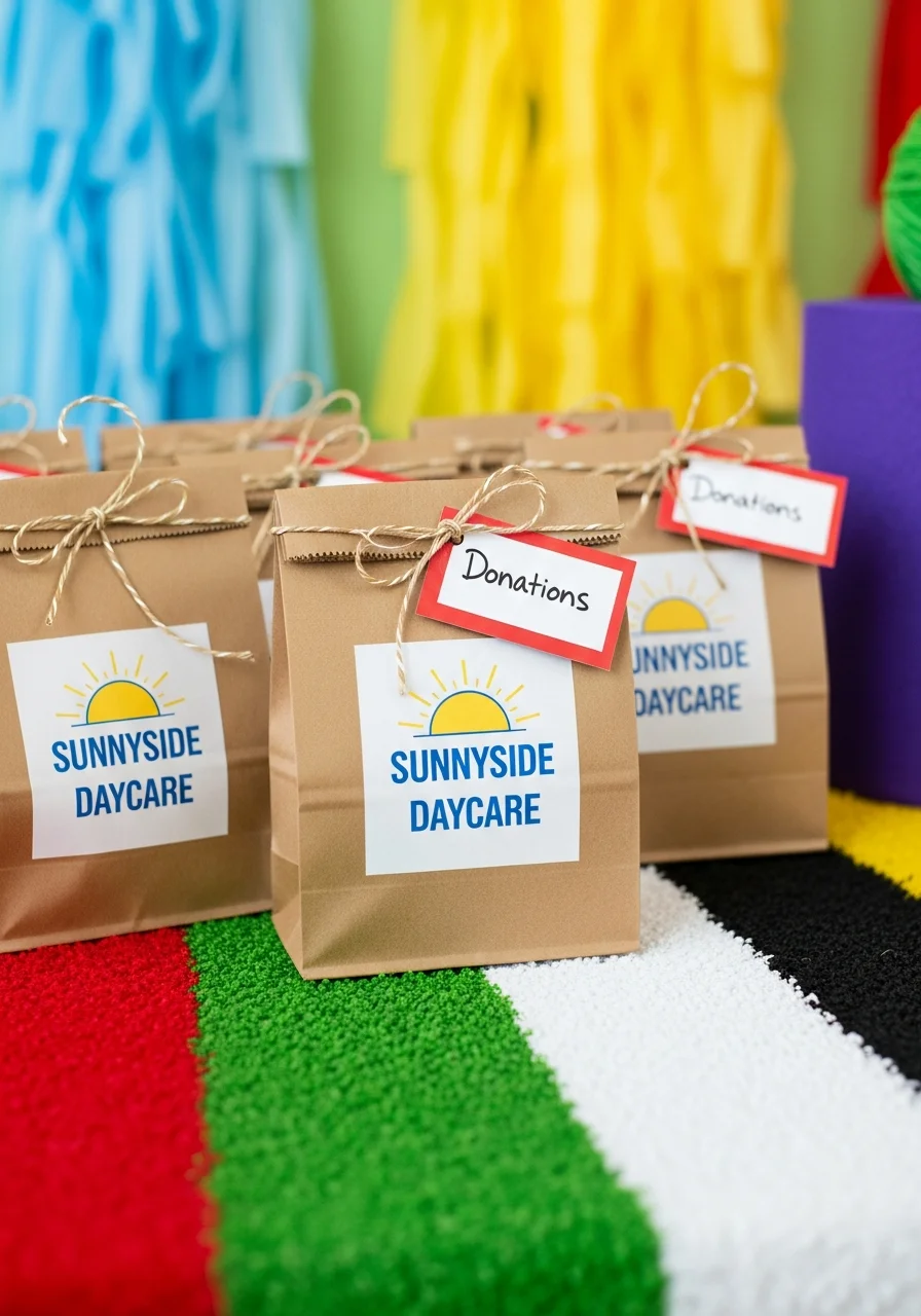 Brown paper favor bags labeled Sunnyside Daycare Donations.