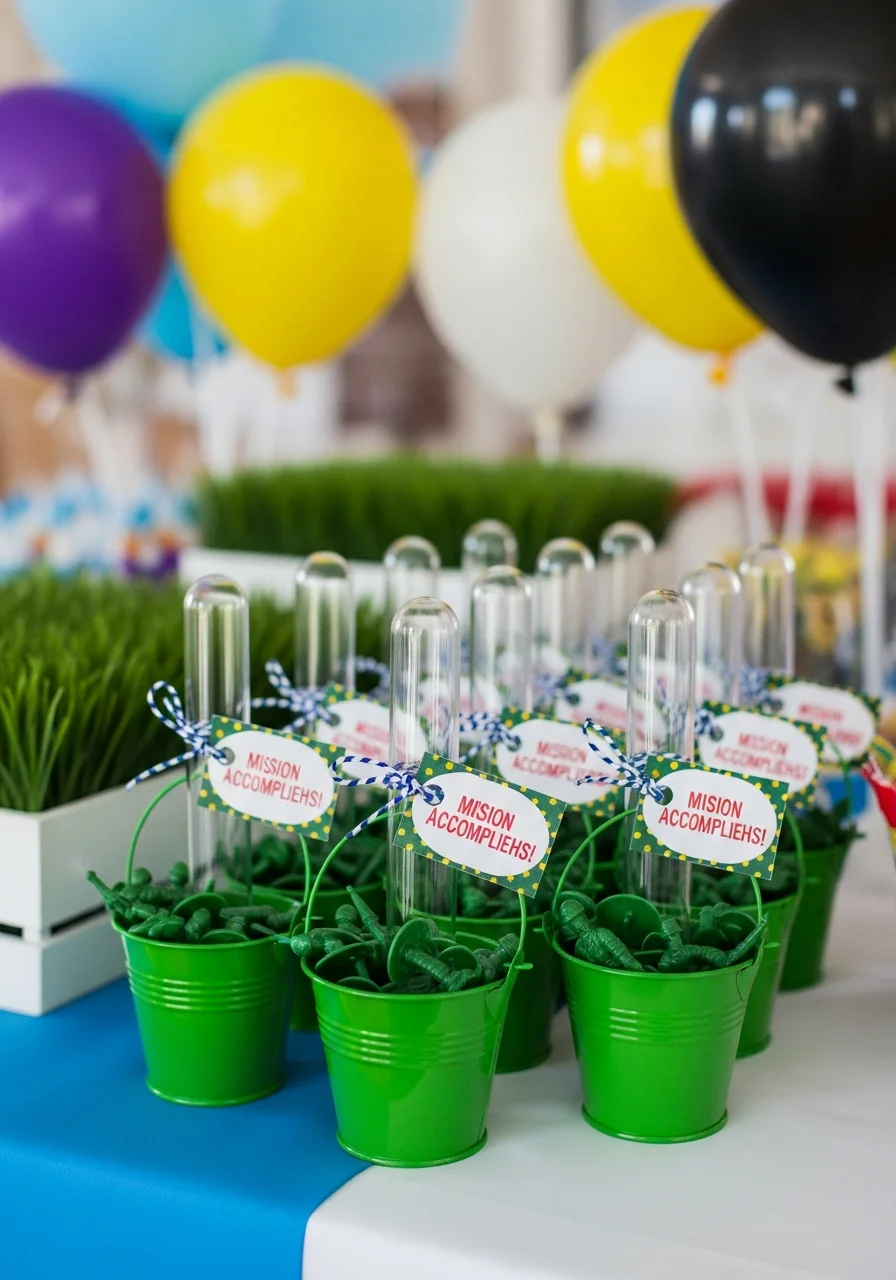 Small green buckets filled with plastic army men and a favor tag.
