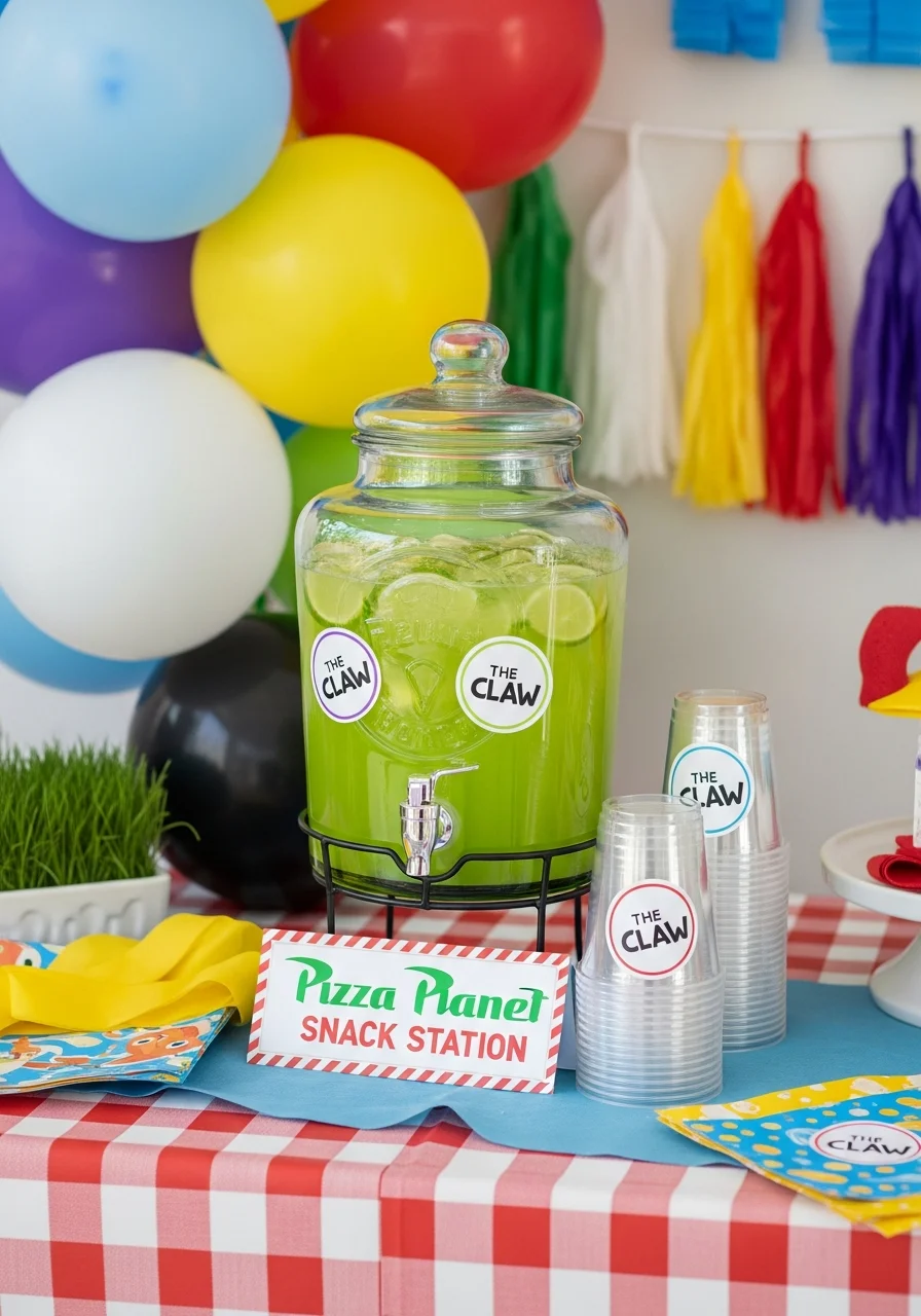 A clear dispenser of green juice with alien-themed cups.