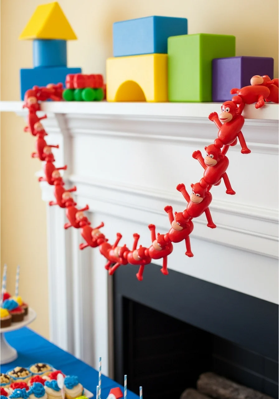 A chain of red plastic monkeys hanging as a decorative garland.