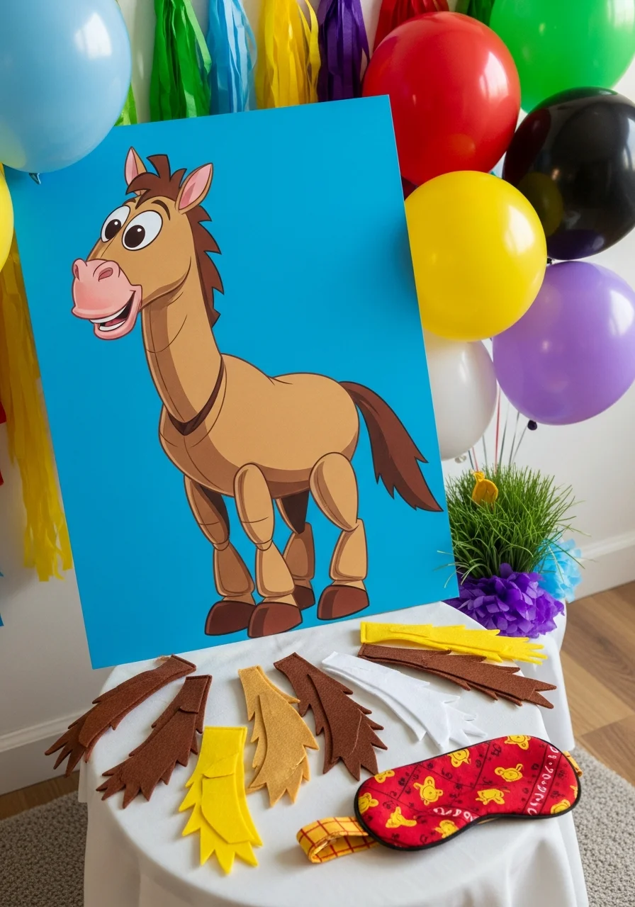 A Pin the Tail on Bullseye game poster with felt tails and a bandana blindfold.