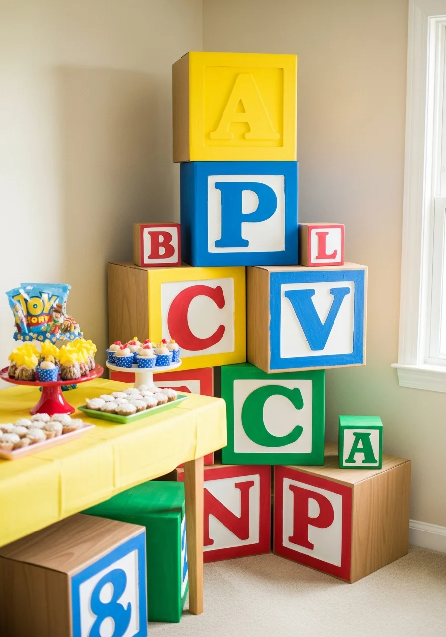 Giant colorful cardboard alphabet blocks stacked in a room corner.