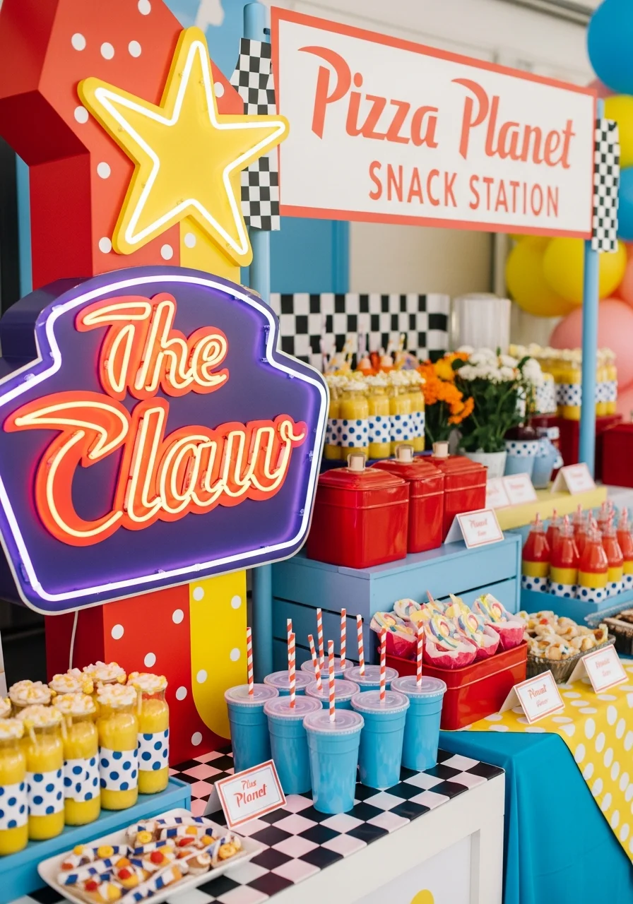 A retro The Claw arcade sign next to a snack display.