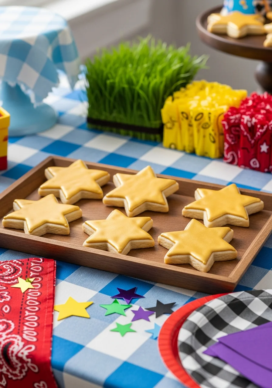 Gold star-shaped cookies decorated to look like sheriff badges.
