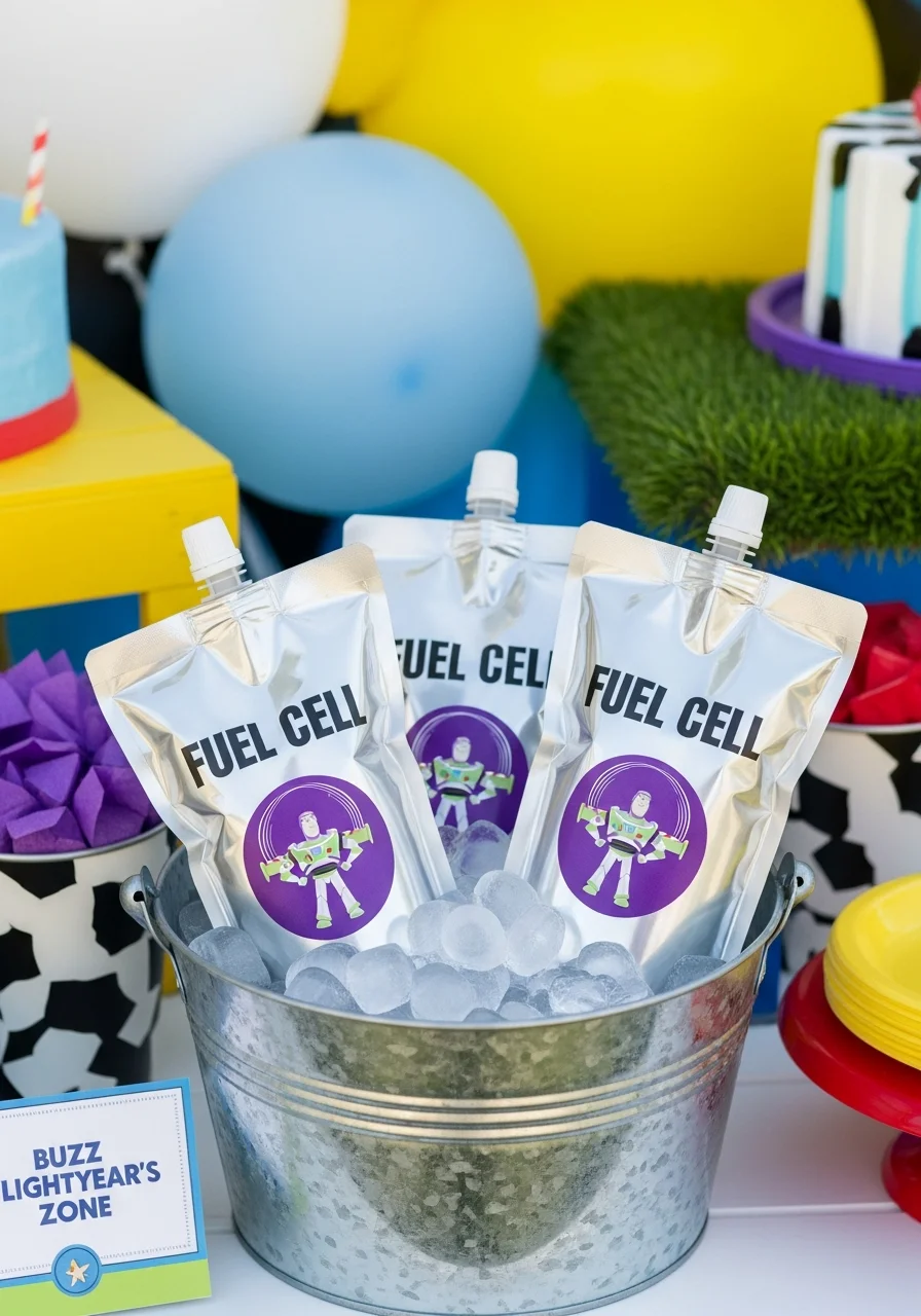 Silver drink pouches labeled Fuel Cell in a bucket of ice.