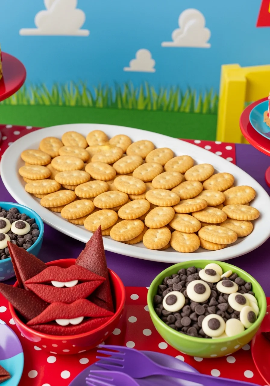 A snack platter with oval cookies and various toppings to make faces.