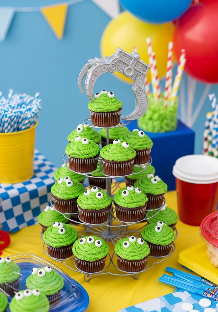 Green alien cupcakes on a tiered stand with a silver claw hanging above.