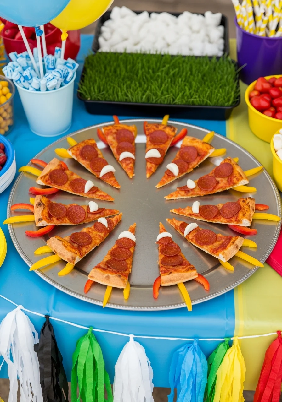 Pizza slices arranged as rockets with red pepper fins on a silver tray.