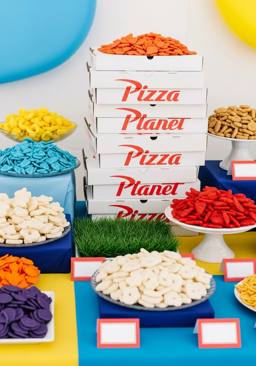 Stacked Pizza Planet boxes used as food display risers on a buffet.