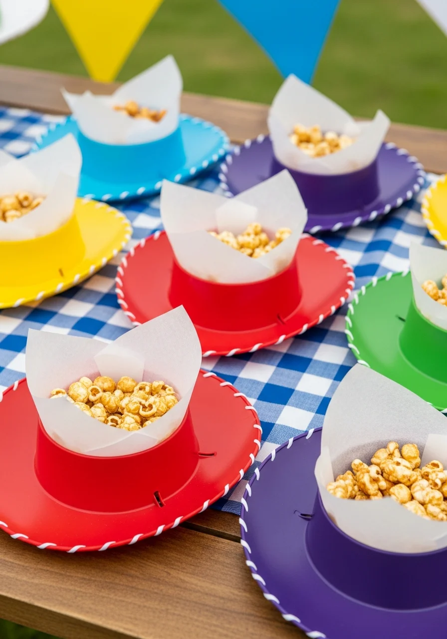 Upside down red cowgirl hats used as snack bowls for popcorn.