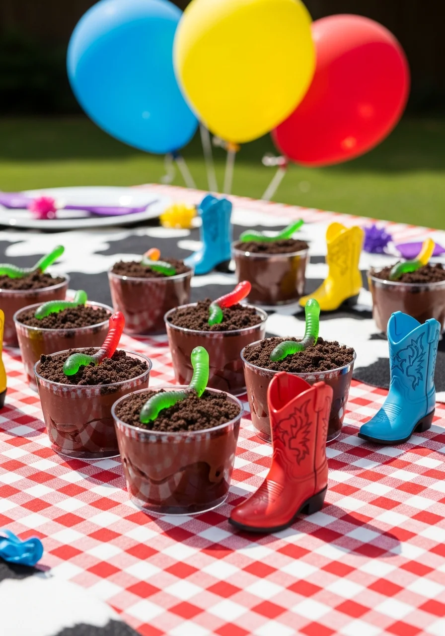 Chocolate pudding cups with gummy worms next to small toy boots.
