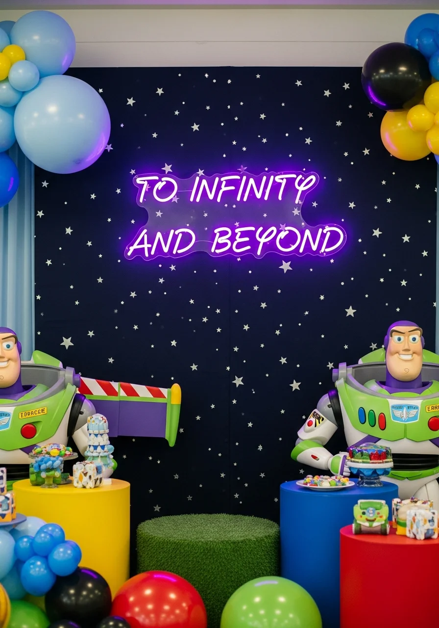A glowing green neon sign with the words To Infinity and Beyond.