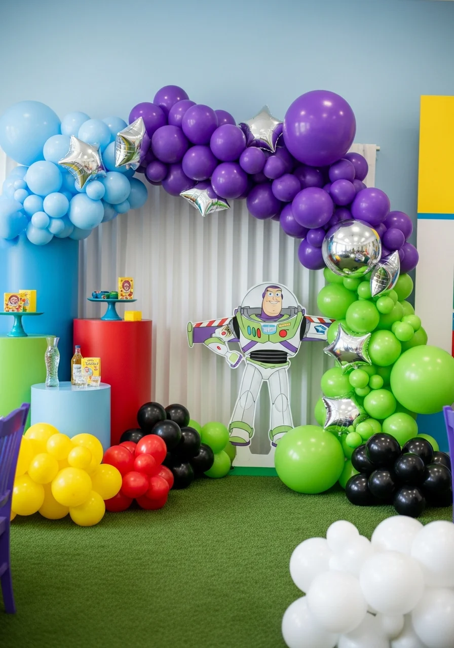 A purple, green, and silver balloon arch with star-shaped accents.
