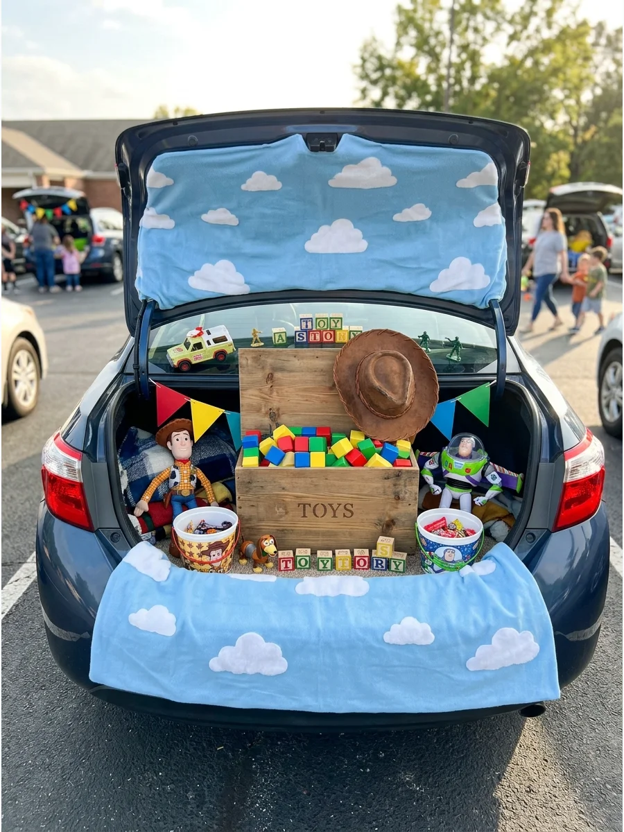 A car trunk decorated with sky blue paper and white clouds to look like a bedroom.