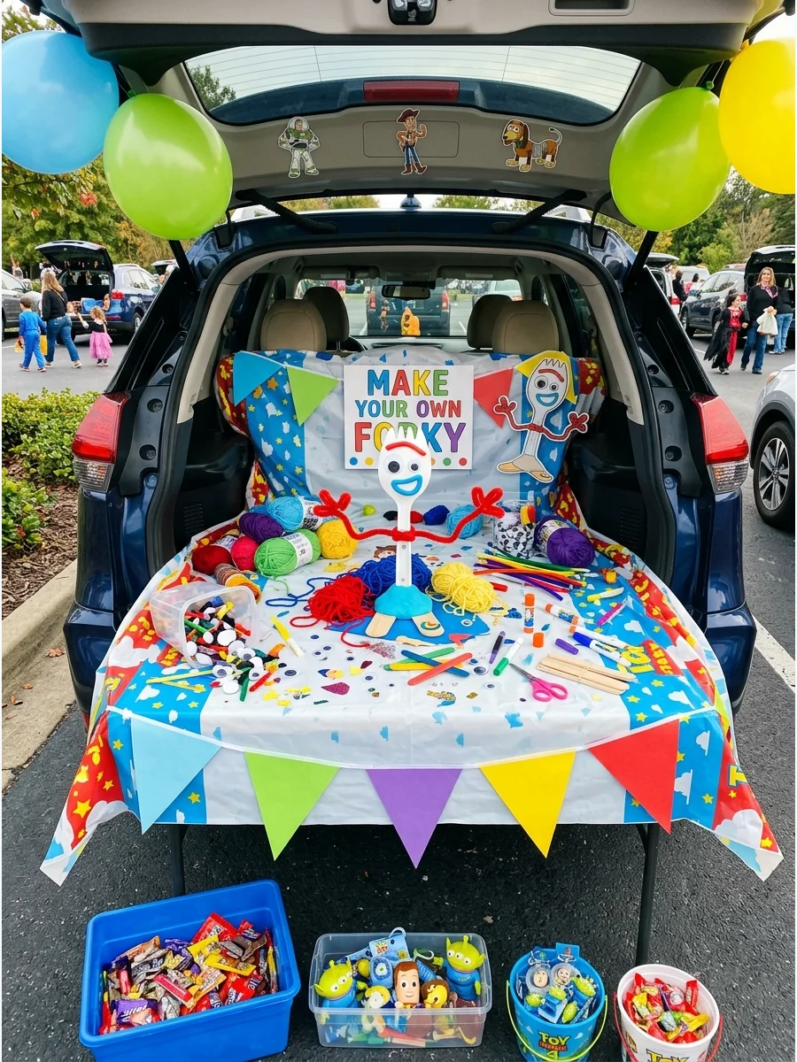 A craft-themed trunk with yarn, popsicle sticks, and a handmade spork toy.