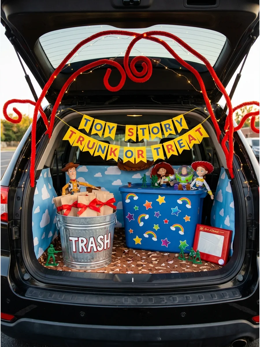 A trunk-or-treat station with a silver bin labeled trash and small craft favor bags.