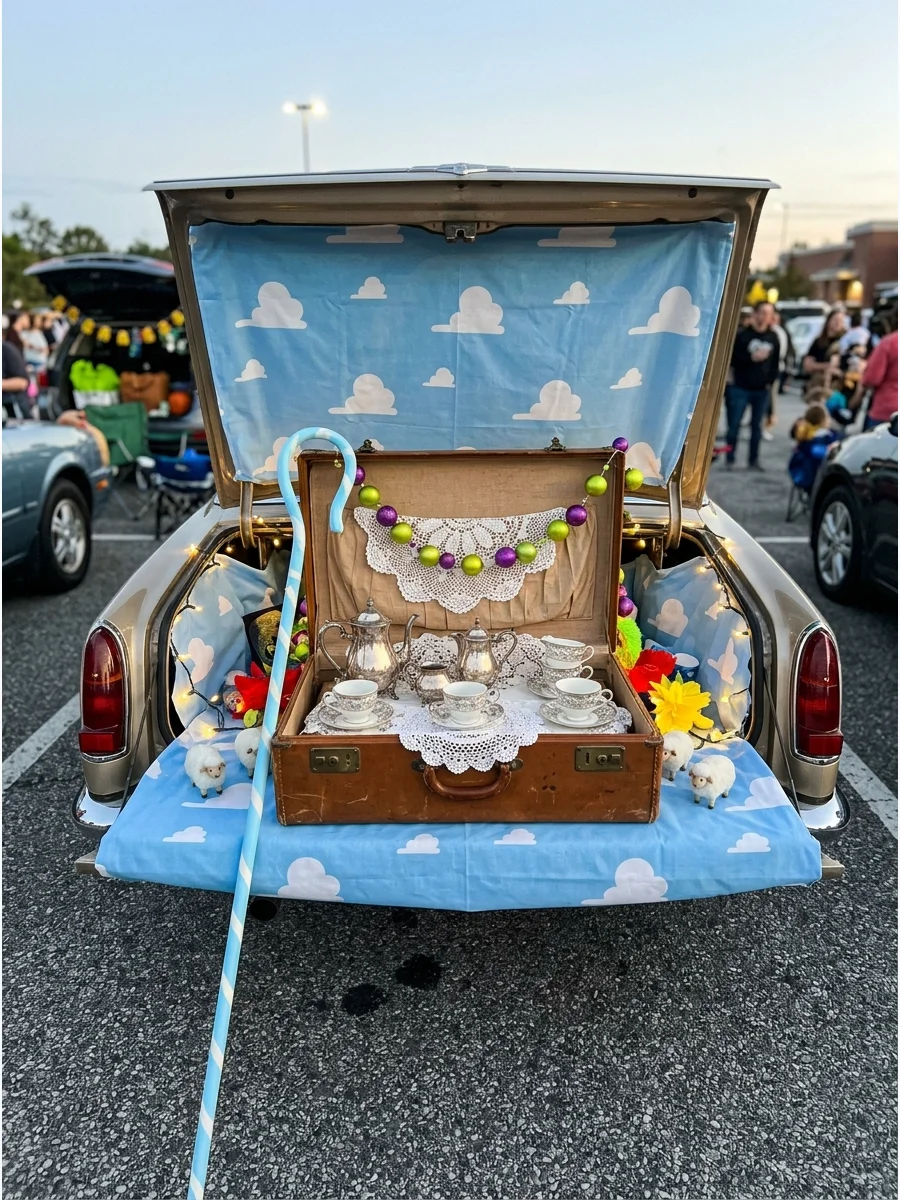A vintage antique shop-themed trunk with old suitcases and delicate porcelain props.
