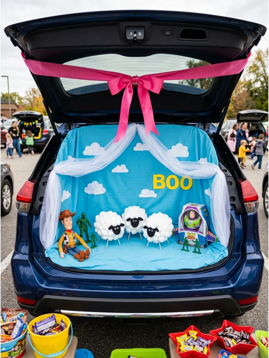 A light blue and pink trunk display with cotton ball sheep and soft fabric.