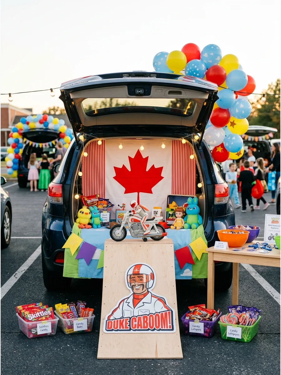 A red and white stunt-themed trunk with a small ramp and motorcycle.