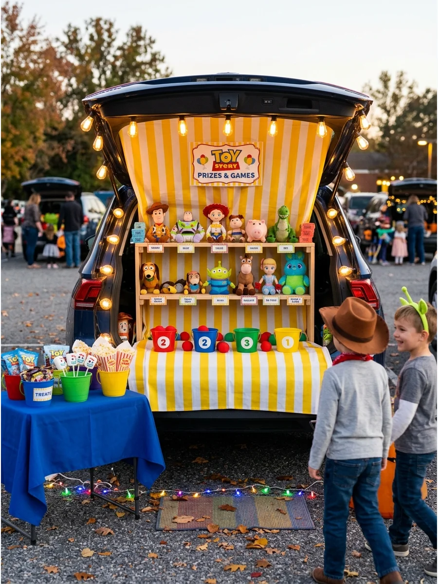 A carnival-themed trunk with striped fabric and plush toys on display.