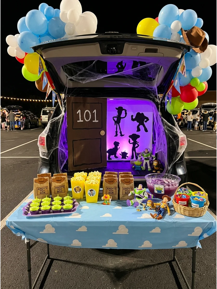 A mildly spooky motel-themed trunk with purple lighting and toy silhouettes.