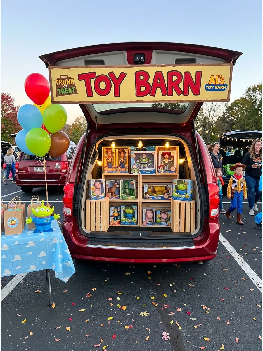 A toy store-themed trunk with red and yellow signs and toy boxes.