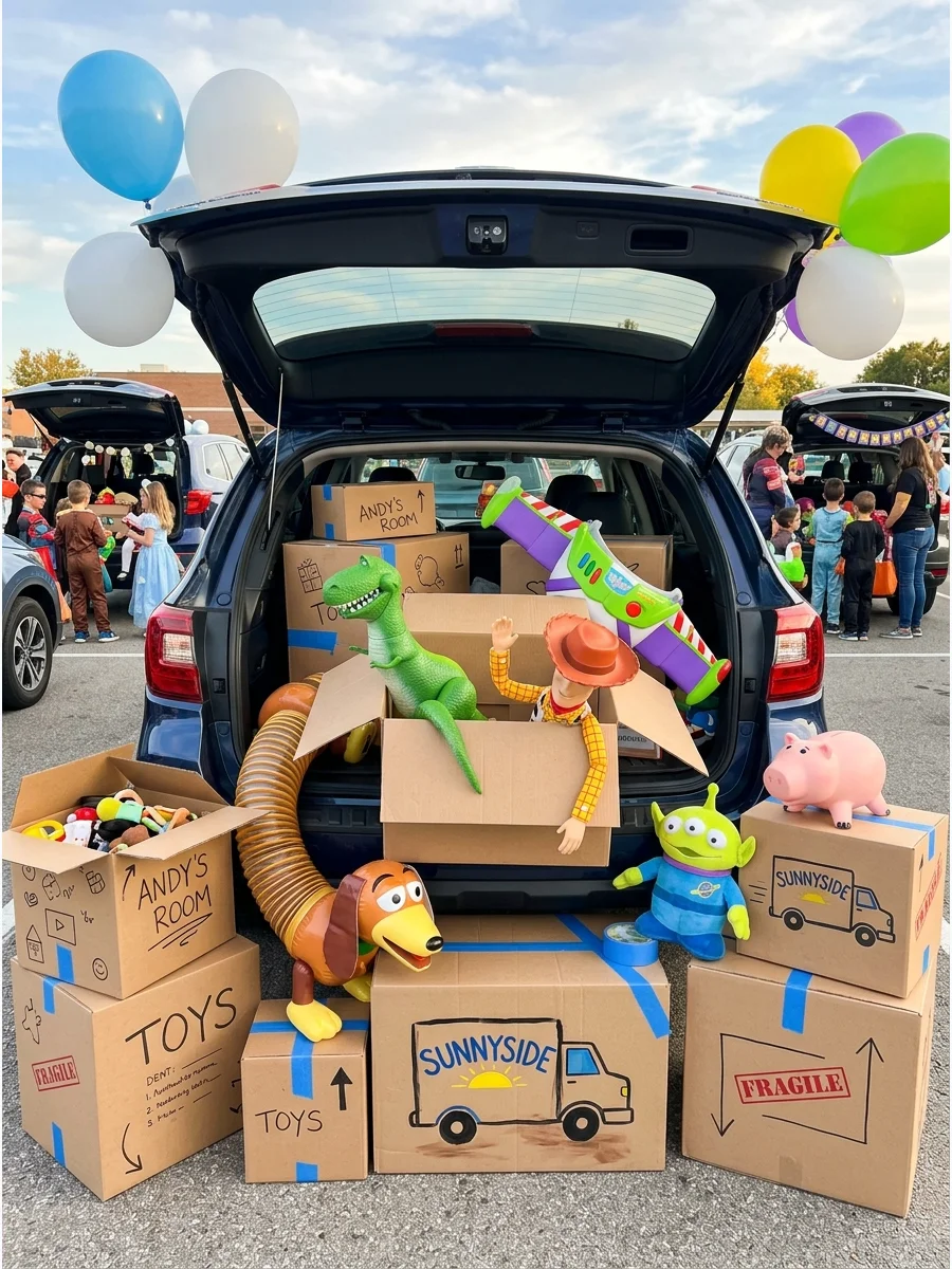 A trunk filled with cardboard moving boxes and toys peeking out of the tops.