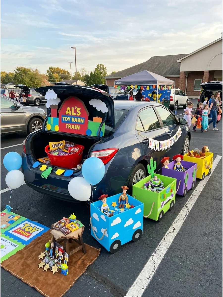 A cardboard train decoration attached to the side of a car for a trunk-or-treat event.