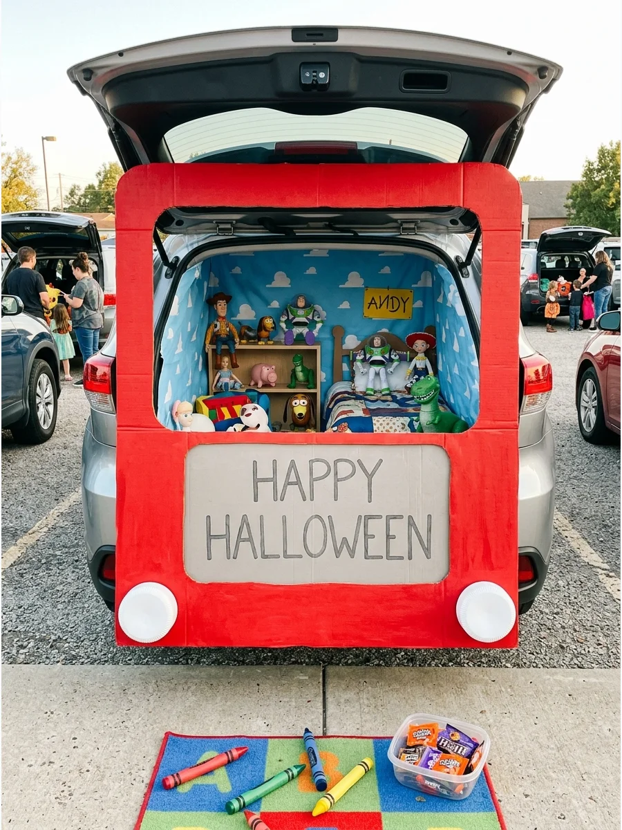 A car trunk designed to look like a giant red Etch A Sketch drawing toy.