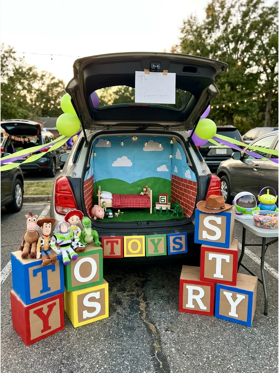 Large colorful cardboard alphabet blocks spelling 'TOYS' next to a car trunk.