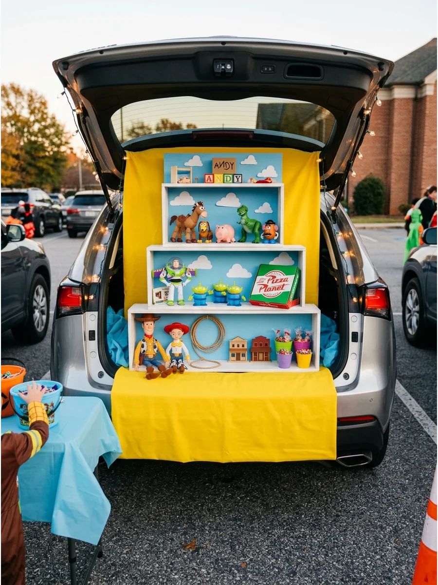 A trunk with tiered shelving displaying various toy figures and colorful blocks.