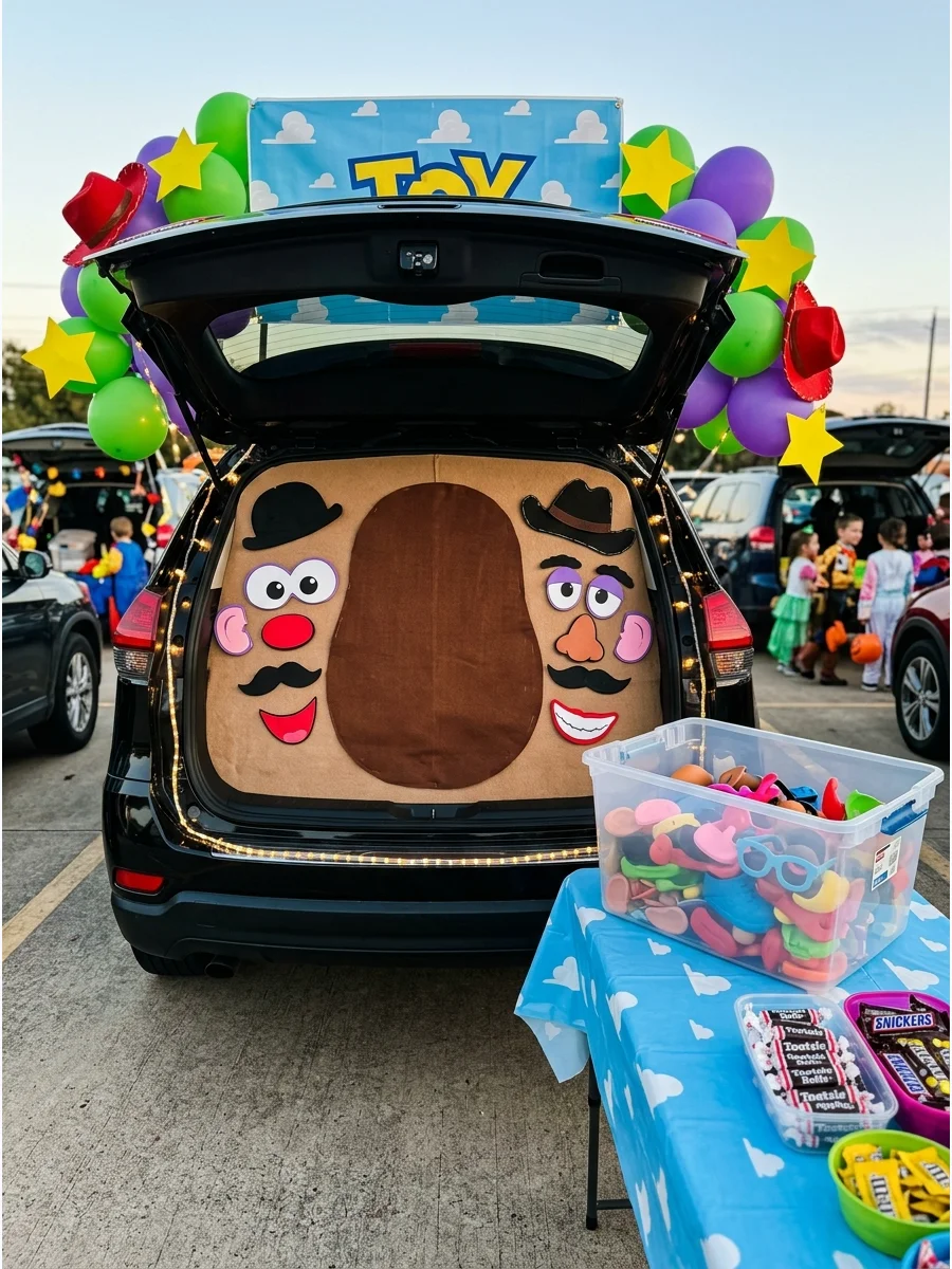 An interactive trunk display with a large potato shape and removable facial features.