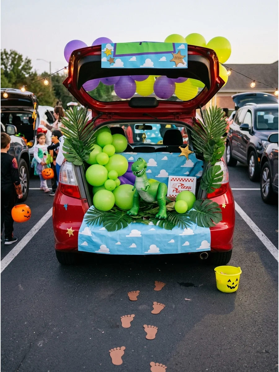 A green dinosaur-themed trunk with tropical leaves and balloon decorations.