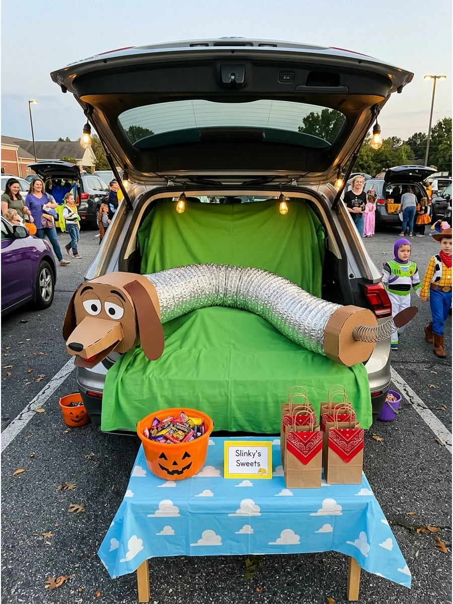 A car trunk featuring a silver spiral tube and cardboard dog parts to look like a slinky dog.