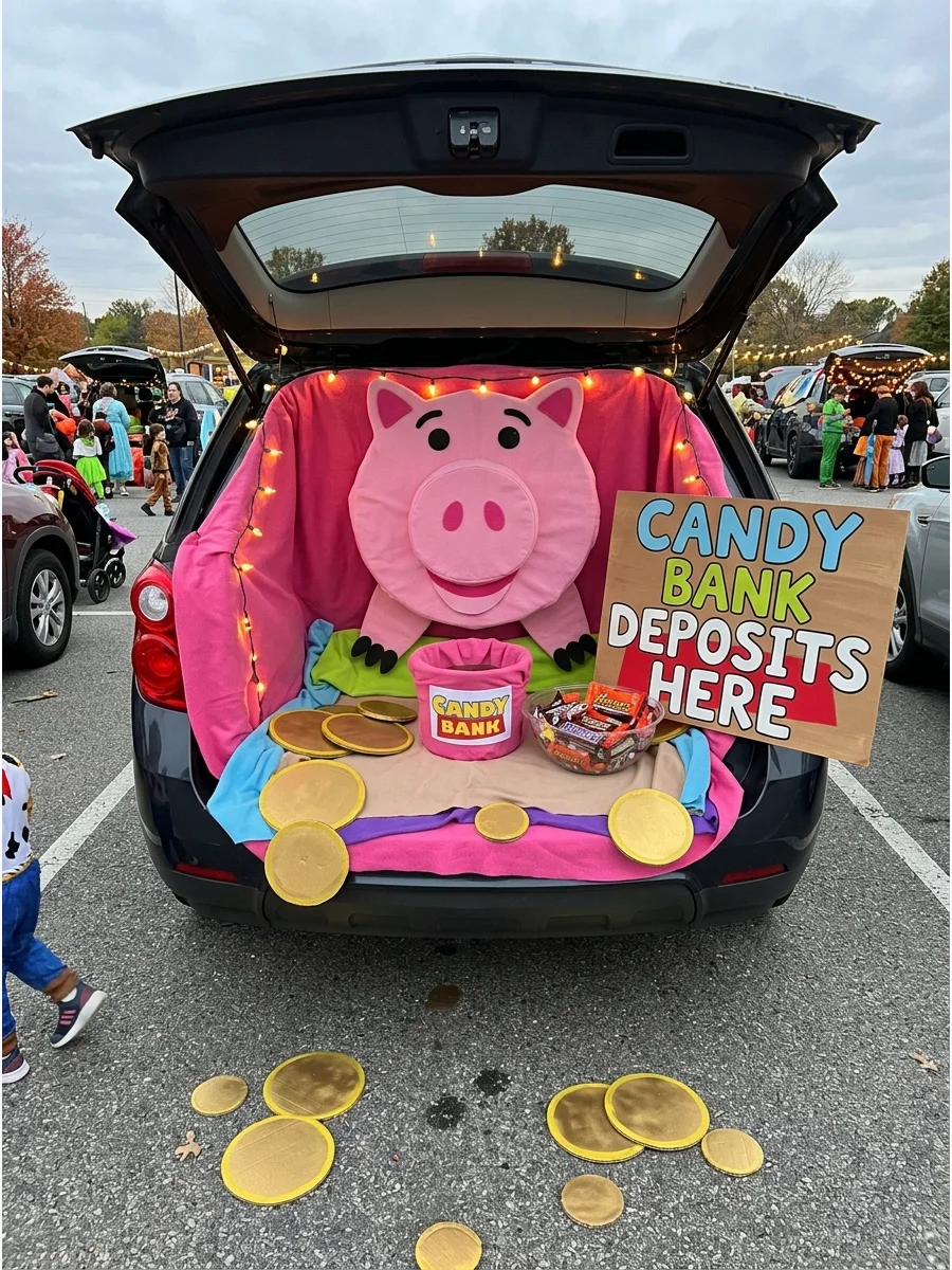 A pink piggy-bank themed trunk with large gold coins and candy.