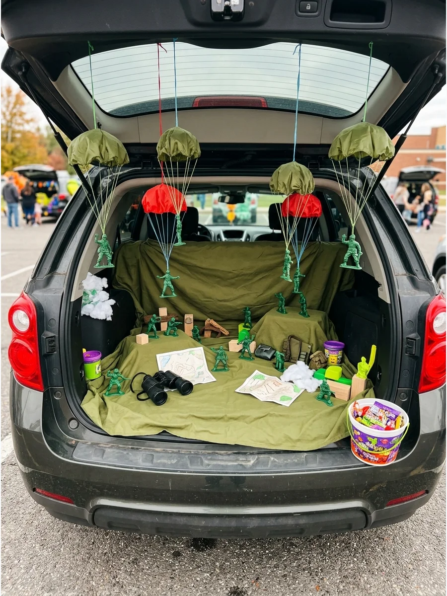 An olive green army-themed trunk with toy soldiers and parachutes.