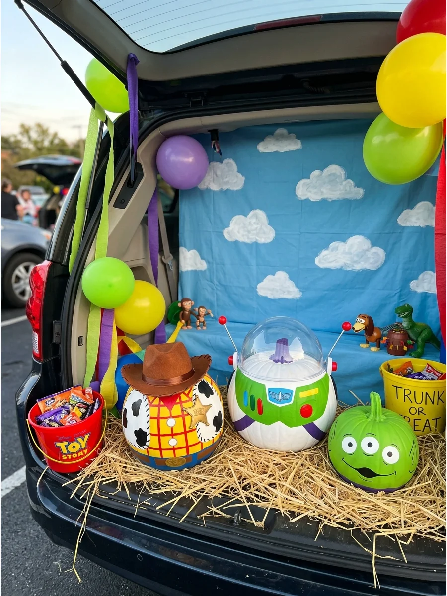 A group of pumpkins painted to look like different toy characters in a car trunk.