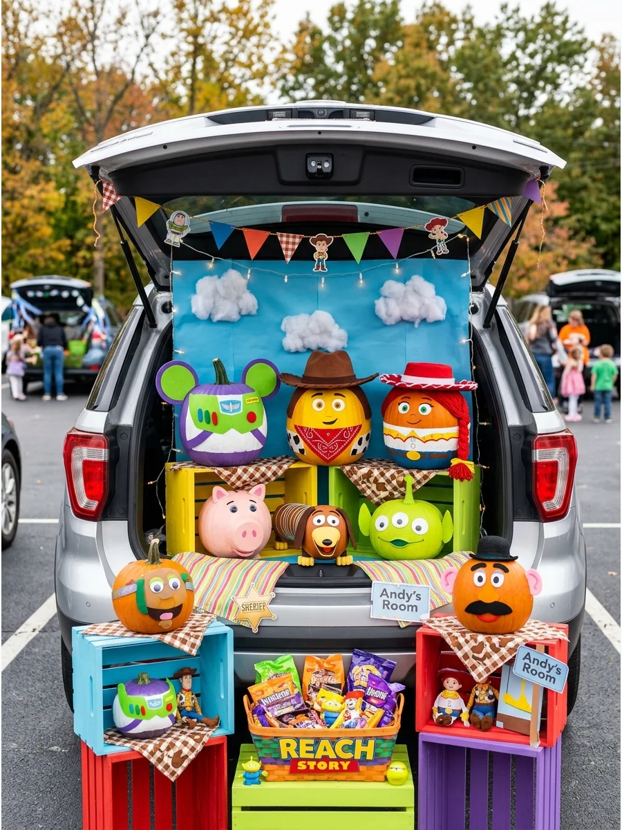 Decorated character pumpkins displayed on colorful crates at different heights.