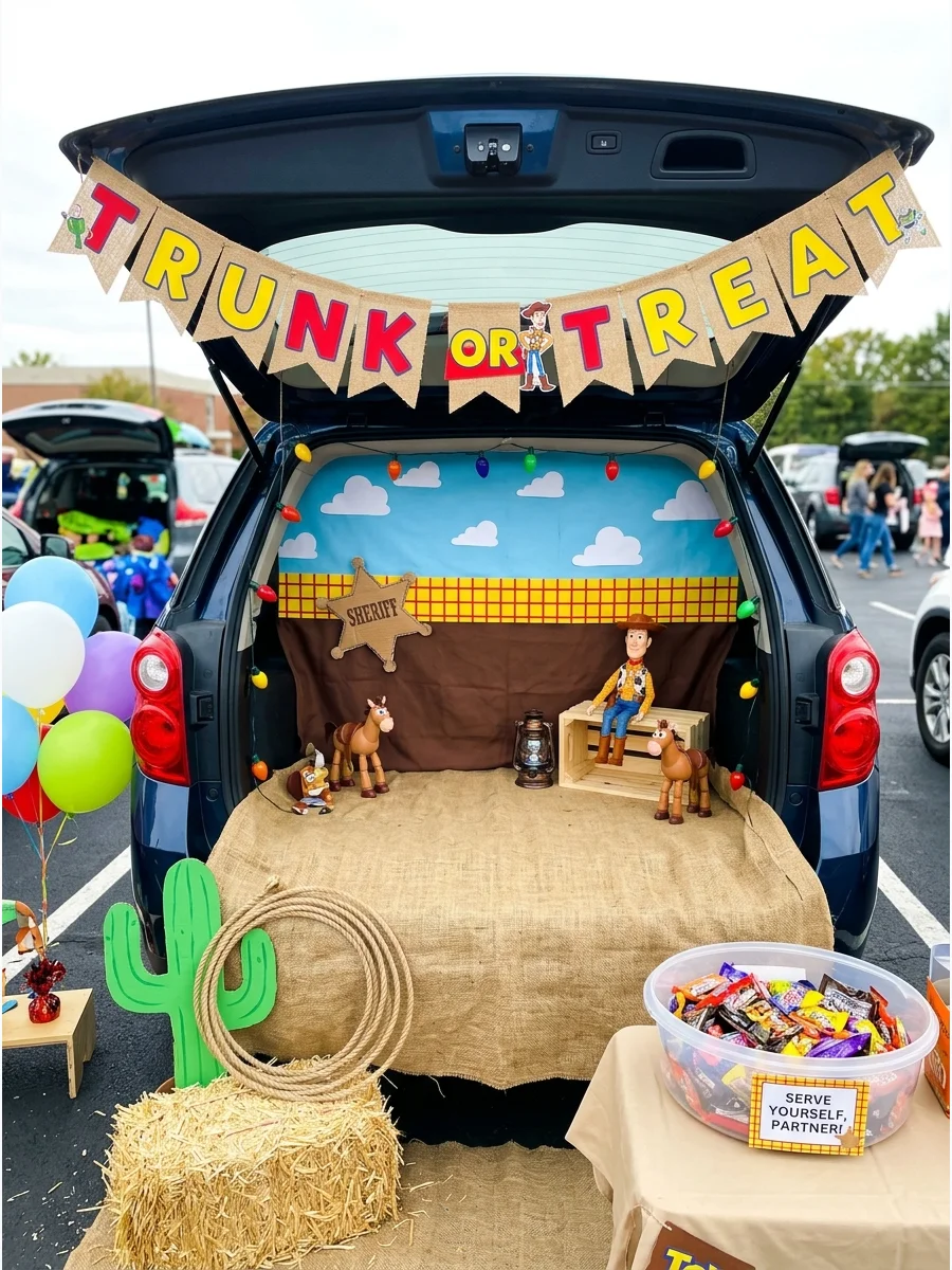A Western-themed trunk display with burlap, rope, and desert props.