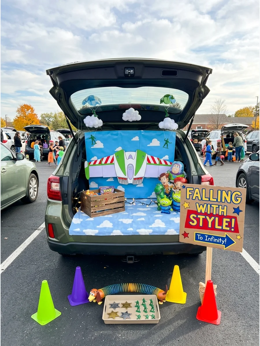 A photo-op trunk with a cloud background and cardboard wings for children to pose with.